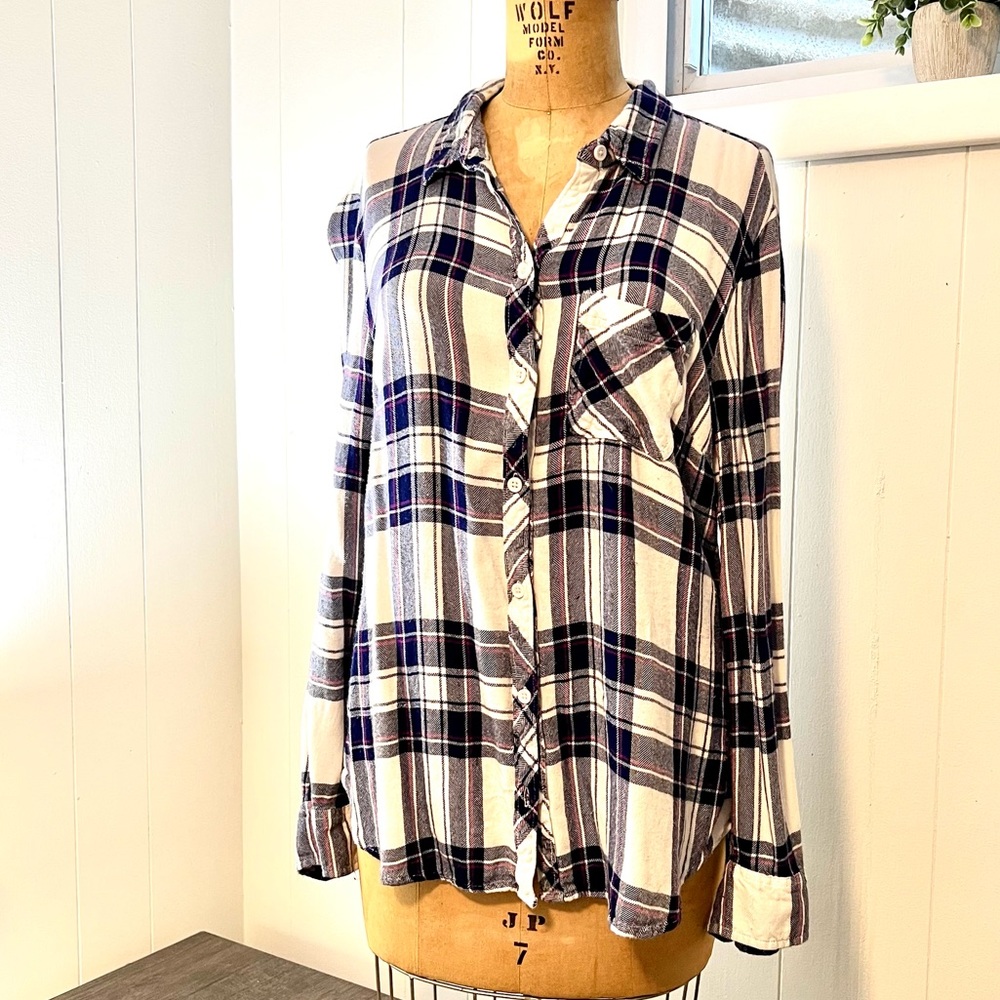 Beach Lunch Lounge Collection Flannel blue white plaid long sleeve EUC